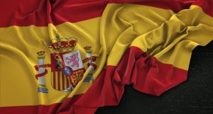 Spain Flag Wrinkled On Dark Background 3D Render